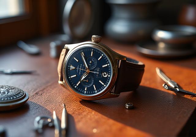 Orologio di lusso e strumenti di precisione su un tavolo da lavoro in pelle