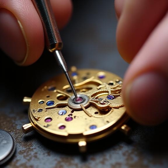 Orologiaio esperto che lavora con una lente di ingrandimento su un movimento meccanico
